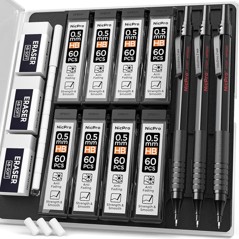 Nicpro 0.5 mm Mechanical Pencils Set with Case, 3 Metal Artist Pencils, 480PCS HB Lead Refills, 3 Erasers, Black