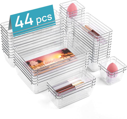 Vtopmart 44 PCS Clear Plastic Drawer Organizers Set, Versatile Storage Containers for Makeup and Office
