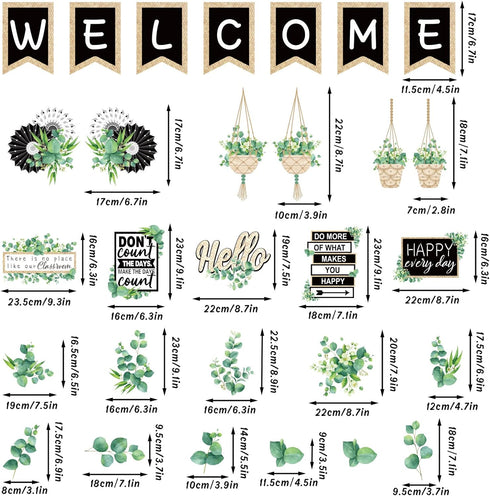 Whaline 29 Pieces Eucalyptus Bulletin Board Set Welcome Banner Simply Boho Bulletin Board Decor Boho Greenery Calendar Cutout Decorations for Back to School Classroom Teacher Supply