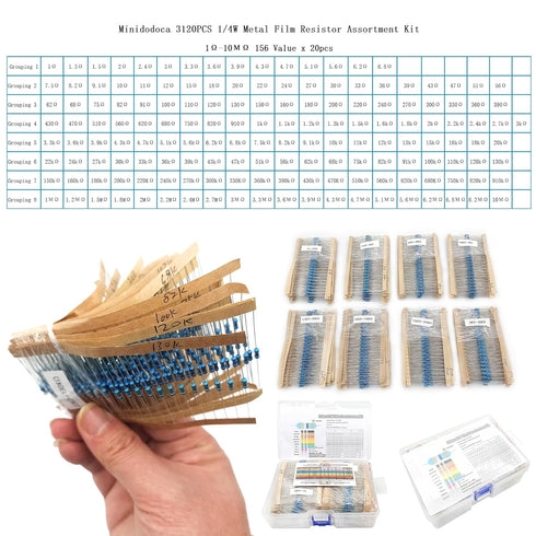 3120pcs 156 Values Metal Film Resistor Kit, Minidodoca 1 Ohm-10M Ohm, 1/4W ±1% Tolerance Fixed Resistors for DIY