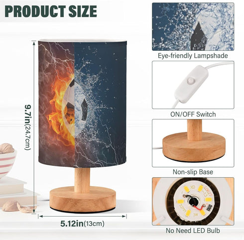 YYZZH Table Lamp Soccer Ball in Fire Flame Water Sport Design American Football Nightstand Lamp with Wood Base Fabric