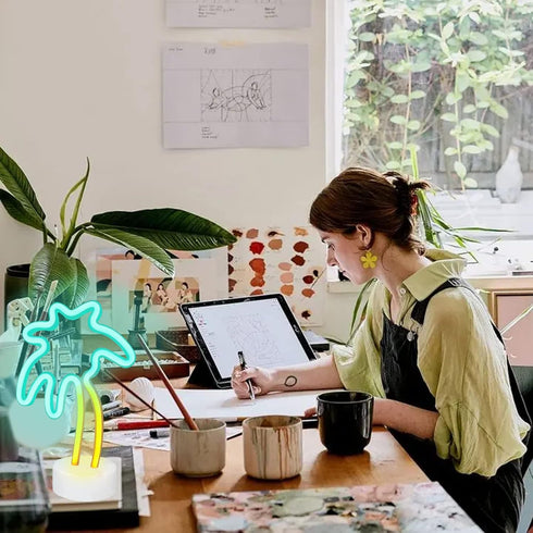 LED Palm Tree Neon Sign Battery/USB Powered Coconut Tree Light with Stand, Palm Tree Lights Tabletop Lamp for Bedroom