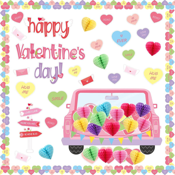 TaoBary 85 Pcs Valentine's Day Bulletin Board Set, 3D Heart Honeycomb Owl Love Truck Cutouts for School Party