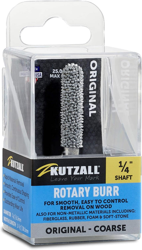 Kutzall Original Ball Nose Rotary Burr, 1/4" Shaft, Coarse, 1/4" Head Dia. x 1-3/8" Length, Woodworking Attachment