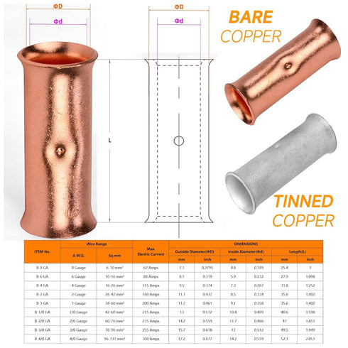 00 Gauge Butt Splice Connectors, 10 PCS 2/0 AWG Non-Insulated Butt Connectors with 10 PCS 3:1 Heat Shrink Tube