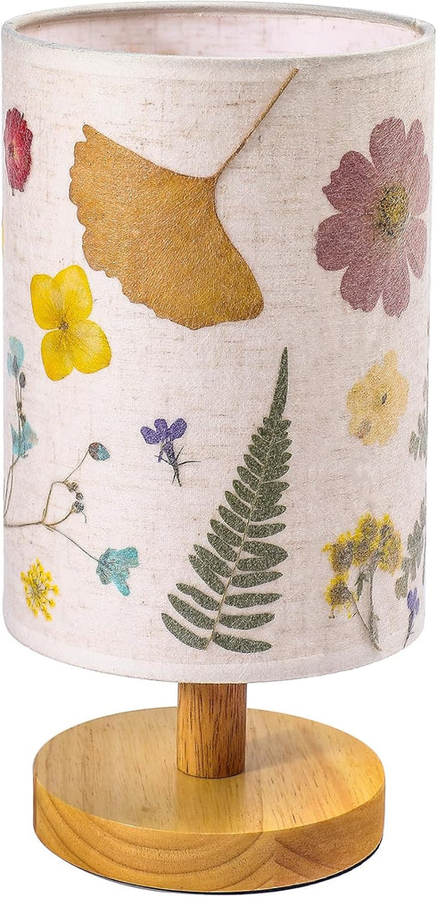 WSYEAR Pressed Flowers Bedside Lamp, Charming Floral Table Lamp with Wood Base for Bedroom