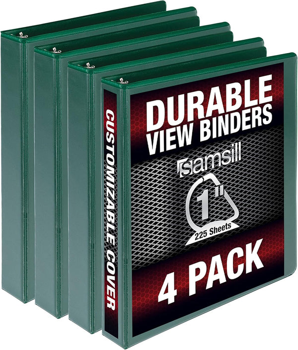 Samsill Durable 1 Inch Binder, Made in the USA, D Ring Binder, Customizable Clear View Cover, Green, 4 Pack, Holds 225