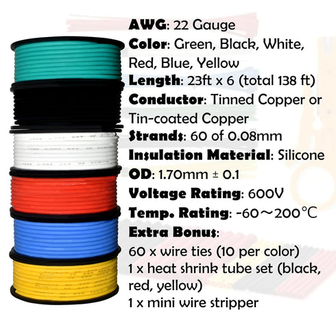 22 22 23ft/7m 6 AWG Stranded Wire Kit Silicone Coated Copper Wires Gauge Pre-Tinned Each Spool, Colors (Black, Red