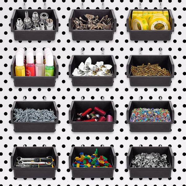 G.CORE 12 Pack Pegboard Bins with Hooks, Black Bin Set for Peg Board Organizer Accessories, Tool Storage