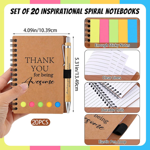 Employee Appreciation Gifts: 20 Spiral Notebooks with Sticky Notes, Thank You Journals, Inspirational Bamboo Ballpoint