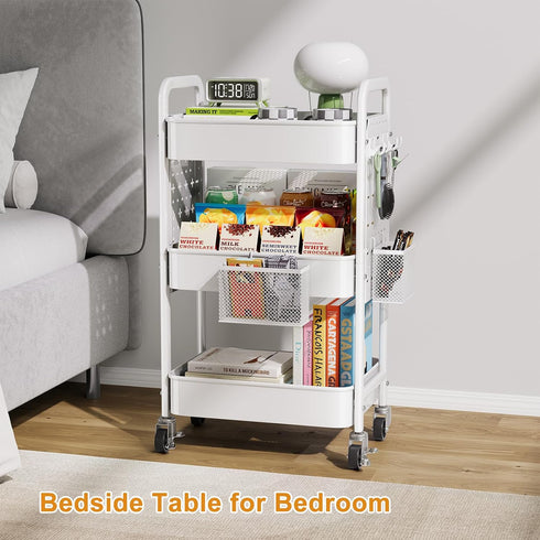 Rcemlip 3 Tier Rolling Cart Metal with DIY Pegboard, White Utility Cart with Lockable Wheels, Three Tiered Craft Cart