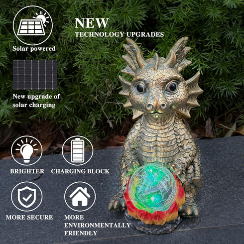 LCKFTY 7-Color Solar Garden Statue Dragon Figurine with Changing Solar Crackle Globe Lights- Loving Dragon