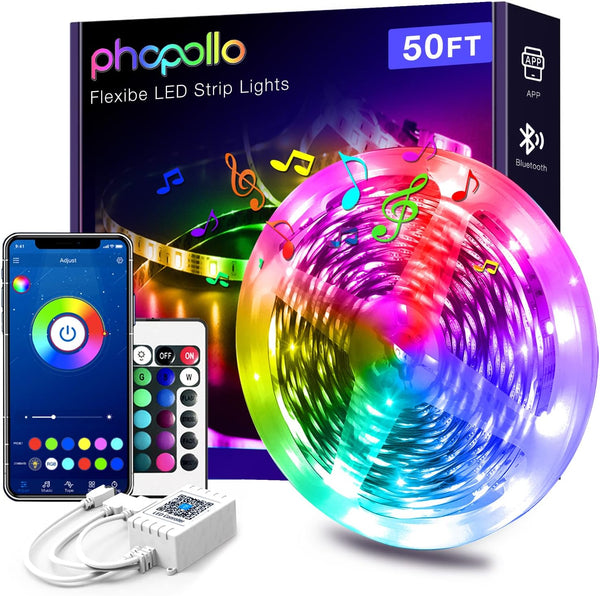 PHOPOLLO Bluetooth Led Strip Lights 50ft 5050 RGB Color Changing LED Lights