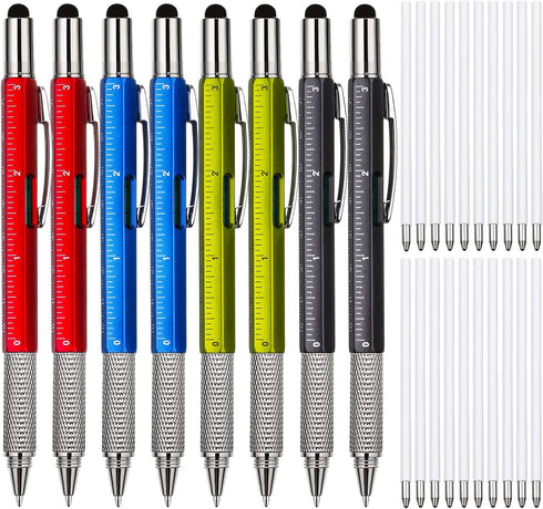 Zhanmai 8 Pcs Gift Pen for Men, 6 in 1 Multitool Tech Tool Pen with Ruler, Levelgauge, Ballpoint Pen, Refills (Red,
