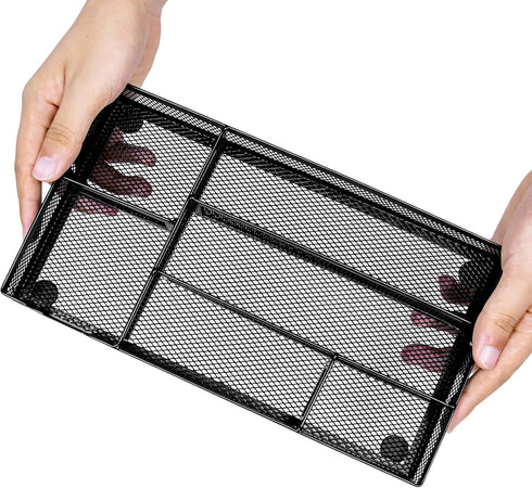 Desk Drawer Organizer, Black - Office Drawer Divider Tray with 6 Compartments, Metal Mesh for Stationery & Makeup