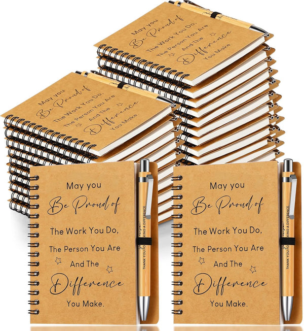 Yeaqee 30 Sets Inspirational Notebook, Bulk Notepad with Motivational Bamboo Ballpoint Pen for Employee Retirement Gift