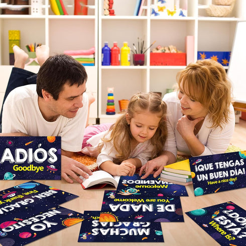 gisgfim 16 Pcs Spanish Words and Phrases Poster Set, Bulletin Board Study Spanish Classroom Decoration for Teachers