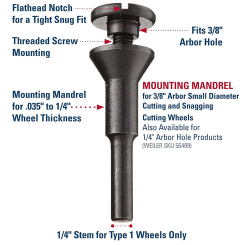 Weiler 56490 Mounting Mandrel for Cut-Off Wheels, 3/8" Arbor Hole, 1/4" Stem