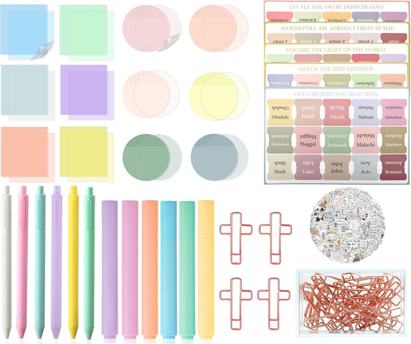 Bible Study Supplies, Bible Tabs and Highlighter Set with Ballpoint Pen, Transparent Sticky Notes, Christian Gifts