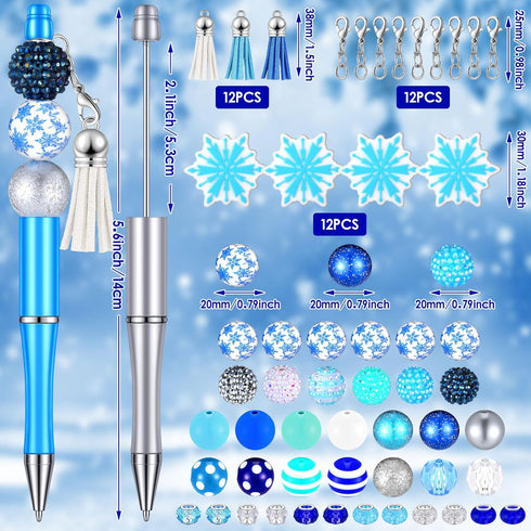 Jutom 12 Pcs Snowflake Christmas Beadable Pens Kits, Include 50 Pcs Colorful Beads, Assorted DIY Making Pens Set
