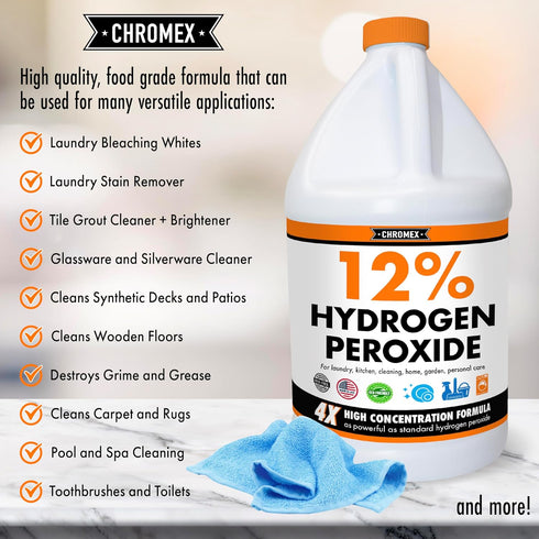 Hydrogen Peroxide 12 Percent Food Grade, 4X Concentrated Solution, 1 Gallon for Home & Kitchen Cleaning