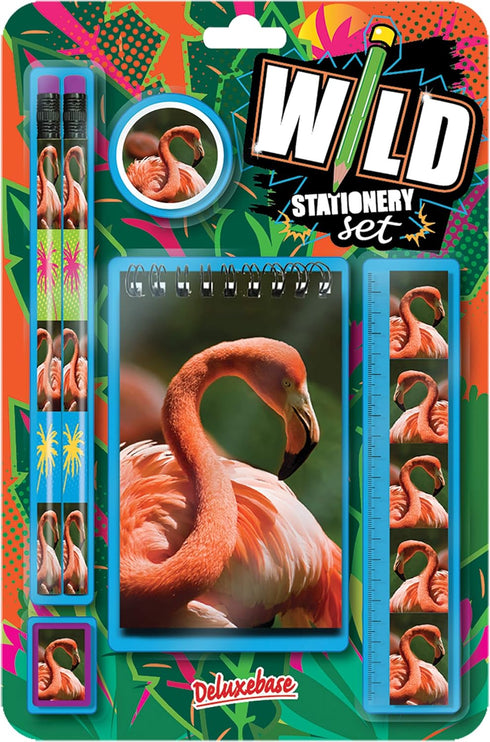 Deluxebase Wild Stationery Set - Flamingo School Supplies with 2 Pencils, Eraser, Sharpener, Ruler, Notebook