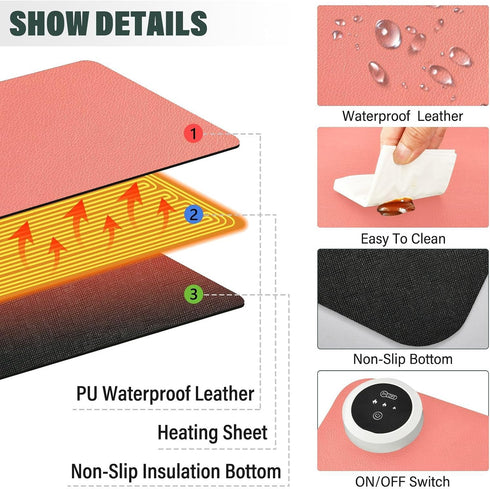 CHSIN 3 Heated Desk Pad PU Leather Mouse Pads with Levels Heating and Auto Shut Down Ideal Hand and Foot Warmer Mat