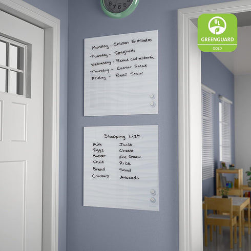 ECR4KIDS Magnetic Dry-Erase Glass Board, 17.5in x 17.5in, Wall-Mounted Whiteboard, 2-Pack, White Waves