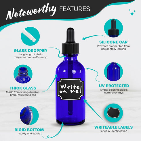 Nevlers 24 pack Blue 2 Oz Glass Dropper Bottles, Cobalt Glass Bottles for Essential Oil Storage with Droppers, Funnel,