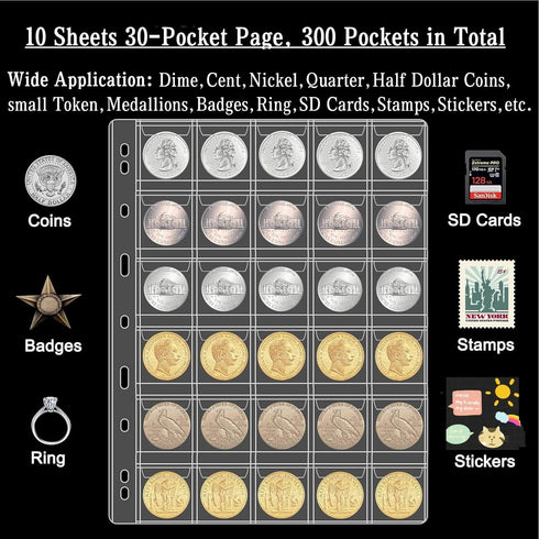 Ettonsun 10 Sheets 30-Pocket Coin Collecting Pages, Binder Inserts Coin Pocket Pages for Most Coin Collection Albums