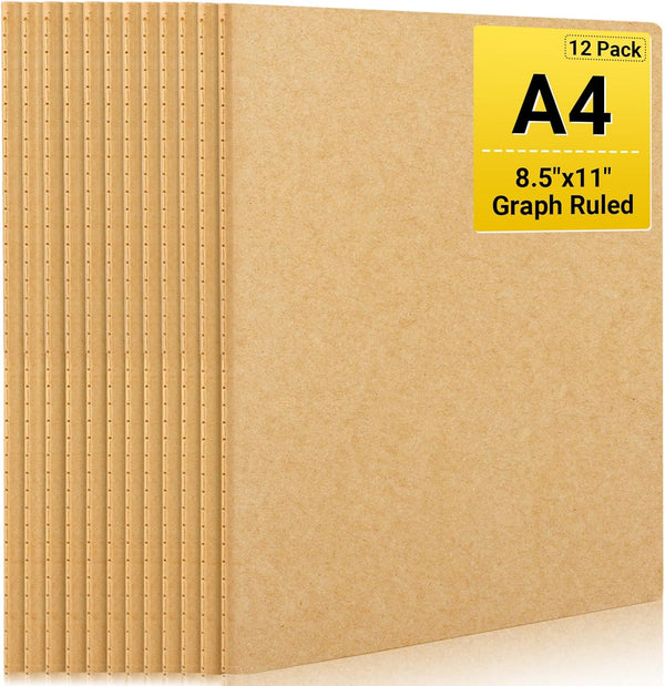 EUSOAR Kraft Graph Notebook, 12 Packs Large A4 8.5" x 11", 40 Sheets/80 Pages Journals in Bulk for Writing