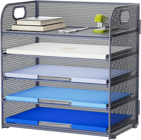 Marbrasse Paper Organizer Letter Tray, 5 Tier Mesh File Organizer with Handle for Home Office Supplies - Grey