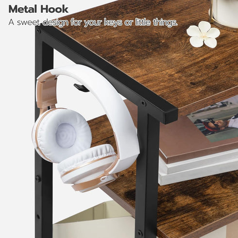 HOOBRO 3-Tier Industrial Printer Stand with Charging Station, Rolling Printer Cart, Adjustable Shelf and Hook, Rustic
