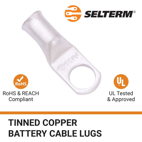 SELTERM 10pcs 4 AWG-3/8" Stud Tinned Copper Wire Lugs, Heavy Duty Battery Cable Ends, UL Marine Grade Connectors