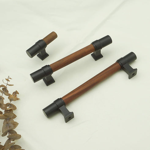 (1, 3 3/4" MFYS Wood Cabinet Pulls Handles Walnut Drawer Pulls Handles Rustic Dresser Knobs Black + Walnut, Hole