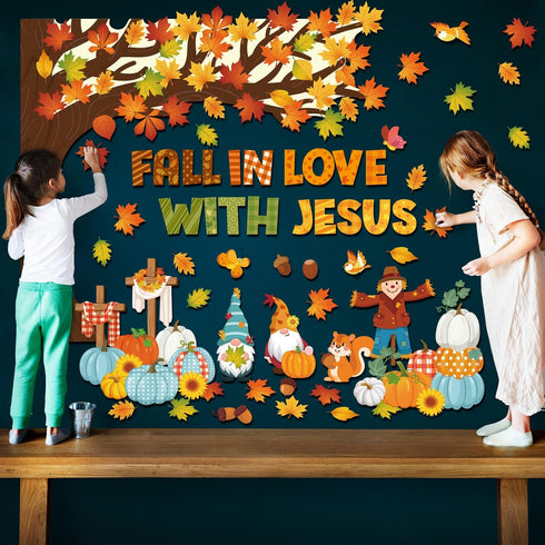 Zonon Christian Fall Love with Jesus Bulletin Board Set, Autumn Decorations, Maple Leaf Pumpkin Cutouts for Thanksgiving