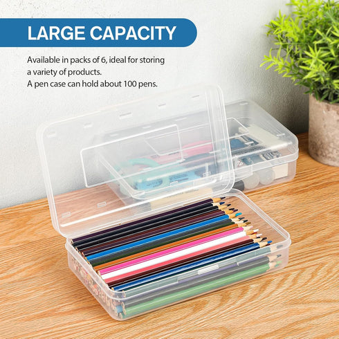 MaxGear 6 Pack Clear Pencil Boxes, Large Capacity Plastic Organizer for School and Office Supplies