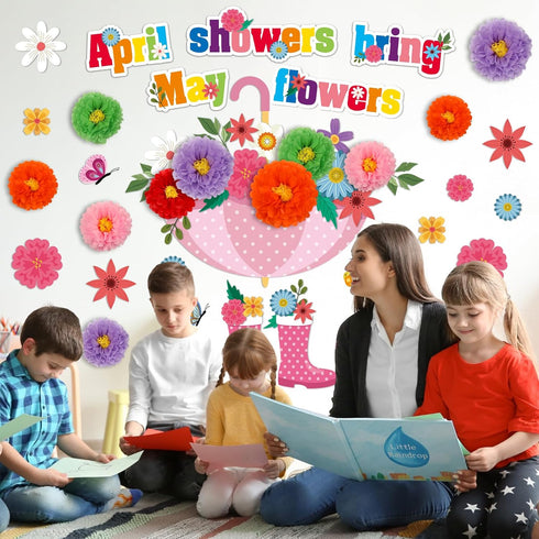 ojustbeok April Showers Bring May Flowers Bulletin Board Decorations, Spring Cutouts with 3D Tissue Paper Pompoms for