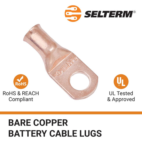 SELTERM 10pcs 4 AWG - 5/16" Stud Battery Lugs, Heavy Duty Wire Lugs, UL Bare Copper Eyelets