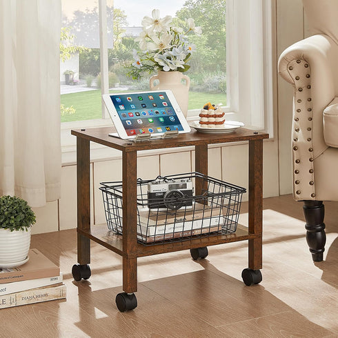 YUFAM 2 Tier Printer Stand with Storage,Under Desk Shelf Printer Table, Rolling Printer Cart for Office,Home,Brown