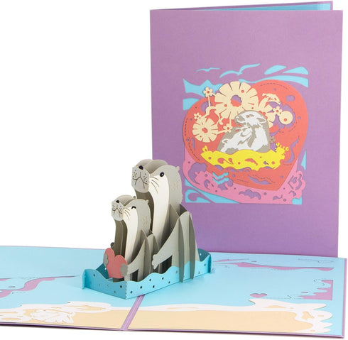 Ribbli 3D Otter Couple Handmade Pop Up Card for Anniversary, Valentine's Day, Wedding, Romantic Gift, with Envelope