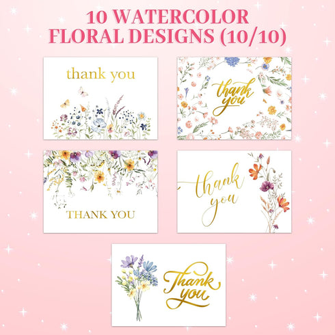 50 Pack 6x4in 10 Decorably Gold Foiled Wildflower Thank You Cards Wedding with Envelopes and Stickers, Folded