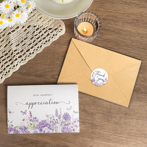 Set 50, 4x6In Funeral Thank You Cards with Envelopes, of Purple Watercolor Floral Butterfly Design Message Inside