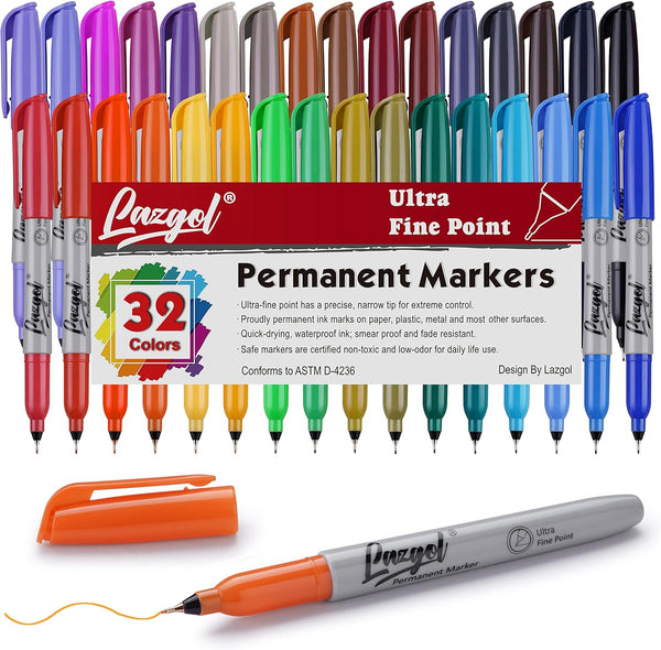 Ultra Fine Permanent Marker Bulk, 32 Assorted Colors Ultra Fine Point Permanent Marker Set for Doodling, Marking