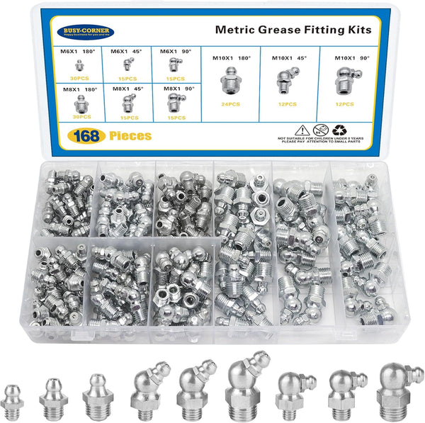 168 PCS Metric Hydraulic Grease Fittings Assortment, Grease Nipple Kit with M6, M8, M10