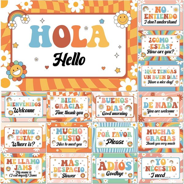 gisgfim 16 Pcs Spanish Words and Phrases Poster Set, Bulletin Board Decor for Spanish Classroom