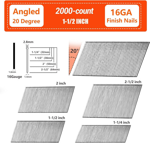 16 Gauge 20-Degree Angled Finish Nails, 1-1/2 inch 2000-Pack Galvanized for Pneumatic Electric Angled Finish Nailer