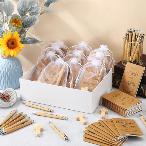 Spakon 120 Pcs/30 Set Christian Gifts | Bible Verse Notebooks, Bamboo Pens, Wooden Crosses for Church Favors