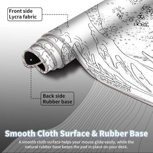 Black and White Large Mouse Pad, Japanese Sea Wave White Desk Pad for Keyboard and Mouse, Non-Slip Rubber Edge