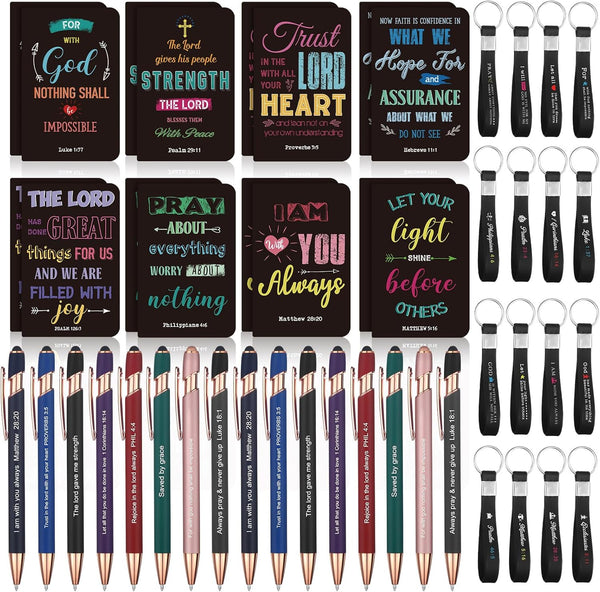 PerKoop 48 Pcs Inspirational Gifts Set - 3 x 5 Inch Bible Notepads, Ballpoint Pens, Keychains for School Office